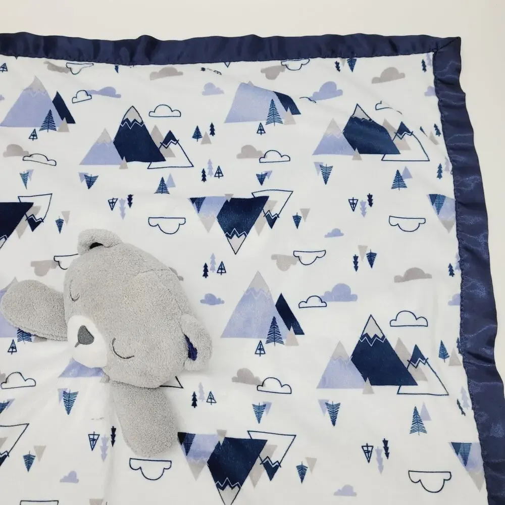 Just Born Bear Baby Blanket White Grey Blue Mountains Satin Security Lovey 24